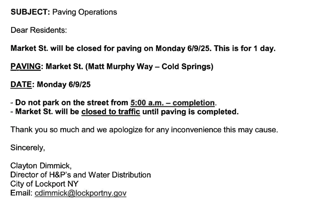 Market Street will be Closed for Paving on Monday 6/9/25